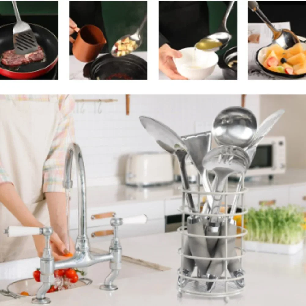 6 pc - Stainless Steel Kitchen Utensils w/ Holder / Non-Stick Silicone Handles